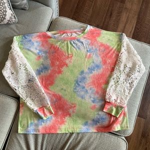 Tie dye sheer lace long sleeve shirt